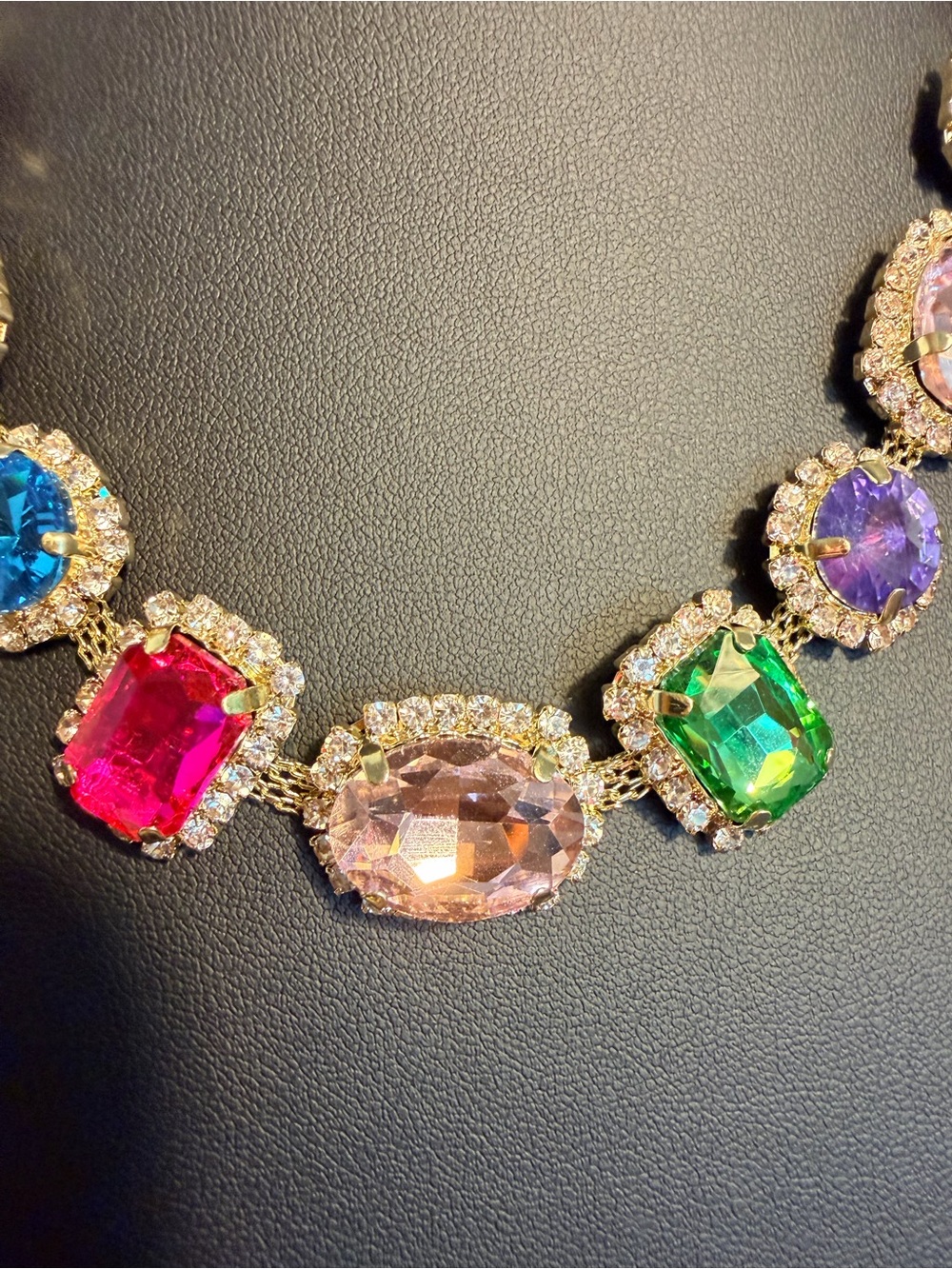 Eye Candy Gold Tone Pink, Blue, Green & Purple Faceted Crystal And Pave Necklace - Picture 9 of 10